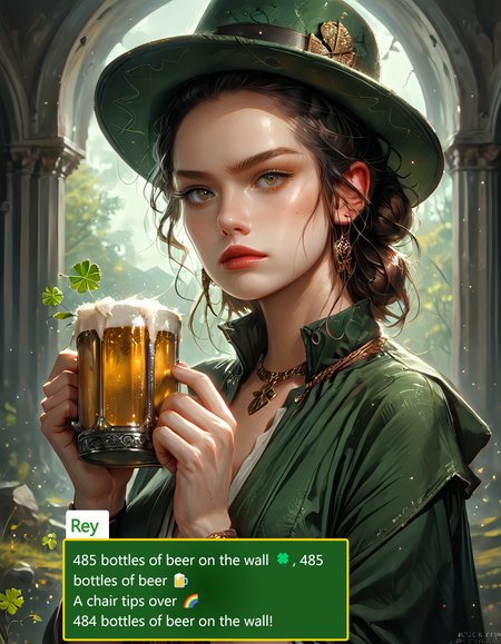 score_9, score_8_up, score_8, medium breasts, (ultra realistic,32k, masterpiece:1.2), (high detailed skin:1.1), (high quality:1.1),  
(upper body, portrait:1),  
ShamrockWorld, clover, four-leaf clover, light particles, solo,  
corset, long sleeves, collared dress, solo, looking at viewer, (top hat), holding, belt, cup, no humans, holding cup, alcohol, mug, green headwear, hat feather, beer, beer mug, clover, four-leaf clover, green cape, green capelet,  
volumetric lighting, mood lighting, low lights, soft light, hazy, intricate details, rating_explicit, (ultra realistic, 32k, masterpiece:1.2), (high detailed skin:1.1), (high quality:1.1), bokeh, luminescent background, zPDXL, ral-cltc, Expressiveh, Rey, Light brown hair, Wavy hairstyle, Fair skin, Hazel eyes, Triple bun hairstyle, Toned physique, Simple, practical clothing, Wears wrist wraps, Scavenger attire, Desert-weathered look, Rey, 1girl,  solo, brown hair, brown eyes,