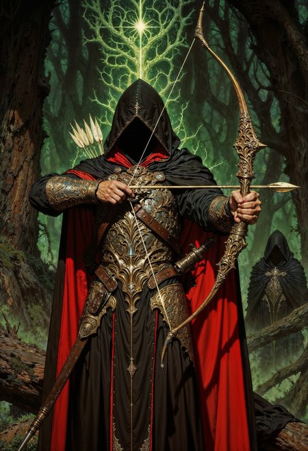 an archer in a dynamic pose. The archer, wearing a hooded cloak, is positioned in the center, drawing a bow with an arrow aimed forward. The cloak is dark with a striking red lining, and the archer's attire is detailed with leather armor and various straps and buckles. The background features a dense, mystical forest with dappled light filtering through the trees, creating an atmospheric setting. Two shadowy figures are visible in the distance, adding depth and intrigue to the scene. The color palette is rich with deep greens, browns, and reds, enhancing the dramatic and adventurous tone of the artwork. <lora:FluxMythV2:0.6> <lora:ck-painterly-fantasy:0.6> <lora:flux.1_lora_flyway_Epic-detail_v2:0.5> <lora:RetroAnimeFluxV1:0.7>