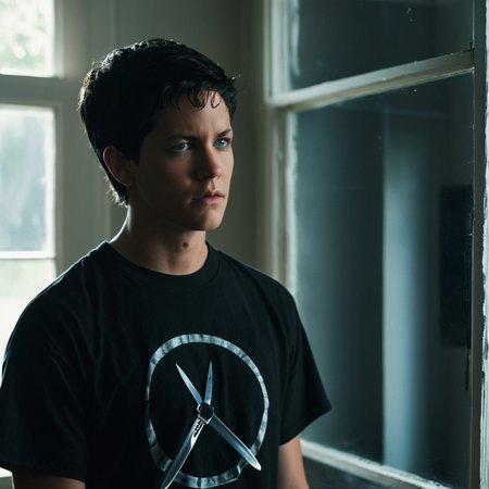 <lora:add-detail-xl:1>
<lora:detailed:0.3>
<lora:perfection style:0.3>
<lora:xl_more_art-full_v1:0.3>
 <lora:Donnie Darko film style:1>
Jake a man holding a knife up in a room with epic reflection,solo,short hair,shirt,black hair,1boy,holding,closed mouth,upper body,short sleeves,male focus,indoors,black shirt,window,sunlight,t-shirt,realistic , cinematic, film, Donnie Darko film style
