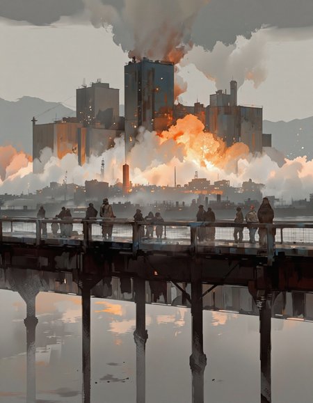 Ablatamahota style. A digital illustration shoot from a low angle, showcasing a dramatic scene of a nuclear power plant emitting smoke and explosions, with silhouettes of people standing on a bridge in the foreground. the scene is set against a foggy backdrop, with a large explosion in the middle of the image. the explosion is composed of a large, orange cloud of smoke rising from a factory building in the background, surrounded by a thick layer of fog. the sky is a muted grey color, and the overall mood is tense and ominous. the people on the bridge appear to be silhouetted against the foggy atmosphere, with their silhouettes standing out against the muted colors of the scene. the bridge provides a stark contrast to the explosions, creating a sense of tension and foreboding.
