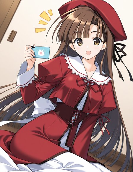 general,highres, ultra-detailed,very aesthetic,best quality ,best hands,  BREAK <lora:Mikage_Subaru_IS:1> Mikage_Subaru, 1girl,solo, brown hair, brown eyes, very long hair, bangs, medium breasts,
(^^), smile, open mouth, ribbon, sitting,  dress, holding, red beret, red dress, frill, white skirt,
long sleeves, looking at viewer, indoors, dutch angle, blue hair,
