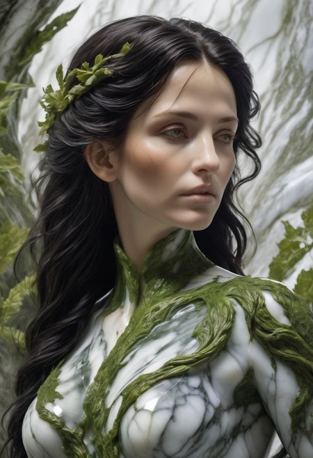 <lora:MarbleStyle:1>, Jed-mrbl, stylized by Magali Villeneuve, illustration art, Oil painting, award winning Photograph, Cosplay Photograph, fauna, (Willow:1.3) , Exquisite, it is detailed with Moss patterns, film grain, Fujifilm XT3, 50mm, dynamic cinematic color, highly contrasted, highly enhanced, detailed, beautiful detailed supreme quality color intricate, winning, grand illumination, fantastic aesthetic, (long black hair), large breasts, 50 yr old woman
