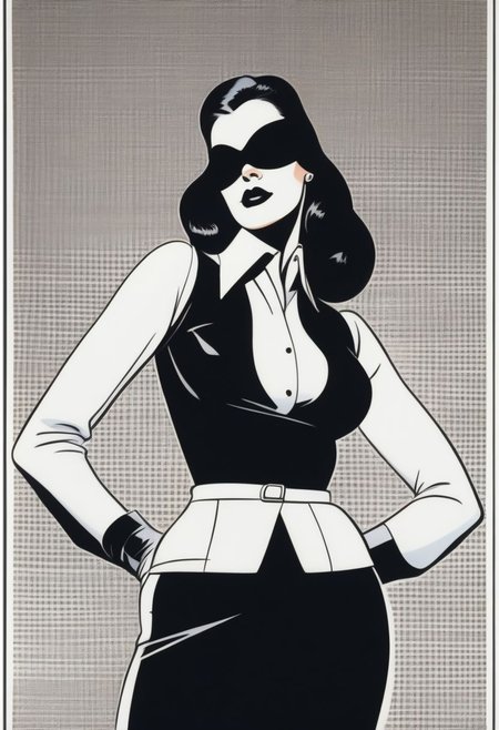 (masterpiece), high quality, 4k, Artist style: Bruce Timm, DCAU, DC comics, Western Comics,
BREAK, 1woman, Calendar Girl, (Page Monroe), long hair, black hair, skintight clothing, long-sleeved dress, black dress, black tights, petite, (white mask), (mask:1.6), (monochromatic outfit), gloves, (black eyes:1.5), (no eyes:1.4)