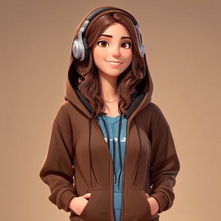 3D style, 1girl, solo, hood, brown hair, headphones, hoodie, brown eyes, long hair, looking at viewer, hood down, upper body, hands in pockets, drawstring, parted lips, clothes writing, black hoodie, lips, smile, nose<lora:3d_render_style_xl:1>