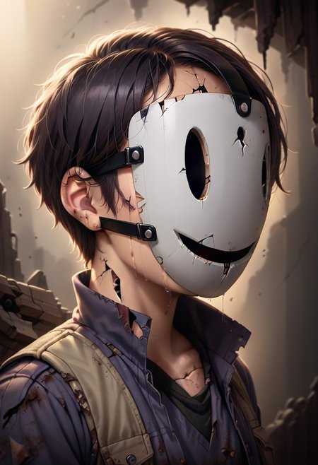 score_9, score_8_up, score_7_up, source_anime, 1boy, older man, 45 years old, (((brown skin))), black hair with gray streaks, (((undercut messy bun hair))), sides of head shaved, cr@ckedp0rcelainT2, mask, blacked out mouth, (((heavily cracked mask))), massively broken mask, war torn mask, masked heavily damaged from battle, pieces falling off of mask, detailed cracked skin, cry, crying eyes behind mask, pained eyes behind mask, tears coming down, tears overflowing,😢, tears fall from behind mask, one hand removing mask from face, lifting mask off of face, tactical gear, bullet proof vest, military, dark, low-key, chiaroscuro,