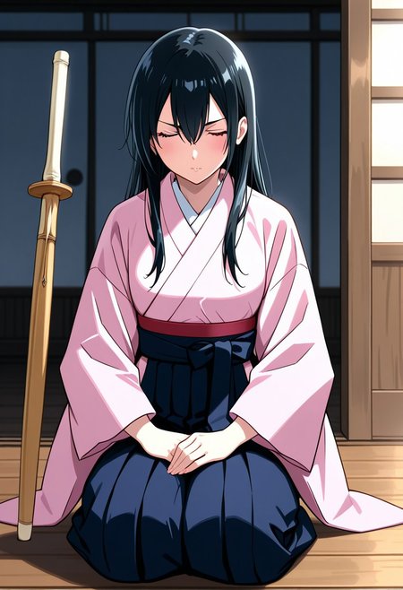 masterpiece, very aesthetic,8k,masterpiece, best quality, aoikuni, 1girl, japanese clothes, solo, seiza, sitting, weapon, long hair, closed eyes, sword, hakama, black hair, hakama skirt, wooden floor, skirt, shinai, kimono, hair between eyes, sitting 
, impressionism 1.5, high detail, depth of field, blurred background, dramatic lighting, outdoors,  ,SmoothNegative_Hands