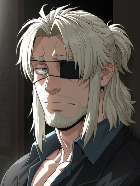 masterpiece, best quality, amazing quality, Worick Arcangelo, grey eyes, eyepatch, beard, acial hair, Blonde hair, 1 boy, male focus, bara, solo
