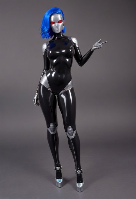 solo, A 35mm full length photo of  a beautiful 20 year old woman, she is a humanoid robot , robotic body, freckles, smooth featureless silver grey robotic skin, robotic aerials, metallic dark blue hair, elegant black latex bodysuit with white trim
TheFaceLess
