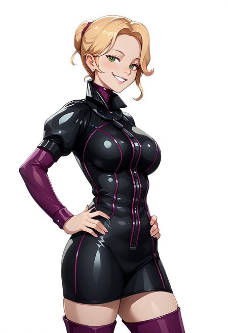 score_up_9, score_up_8, score_up_7, best quality, D-Tox, 1girl, smile, white background, simple background, looking at viewer, hands on hips, LATEX clothing, ((5 perfect fingers)), from behind, looking at viewer,
