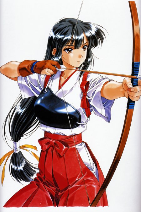 Wakana Ayasaki,1girl,archery,bow \(weapon\),solo,weapon,muneate,drawing bow,kyuudou,japanese clothes,holding bow \(weapon\),arrow \(projectile\),long hair,gloves,partially fingerless gloves,yugake,skirt,hakama,aiming,black hair,hakama skirt,brown eyes,single glove,retro artstyle,outstretched arm,holding weapon,holding,1990s \(style\),white background,simple background,very long hair,holding arrow,low-tied long hair,traditional media,traditional media,closed mouth,
<lora:Mizutani Tooru_illustriousXL:1>,