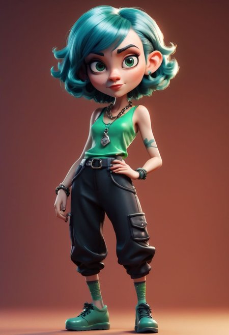 A captivating 3D render of a quirky and adorable claymation woman character. She sports a green gothic girly tank top, baggy very black pants, and chains and necklaces. Her short blue hair is reminiscent of a cubist style, with blue eyes that sparkle with personality. The woman crouches with a confident posture The overall vibe of the illustration is moody, brooding, confident, stylish, vibrant, a dash of whimsy. Glaring posing model glossy cool girl, 3d render, illustration