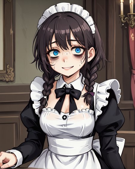 <lora:Billie_OC_FORPONY_r1:0.75>billie, braid, 1girl, breasts, blue eyes, solo, maid, tired, bags under eyes, smile<lora:1picture_style2_ForPony:1>