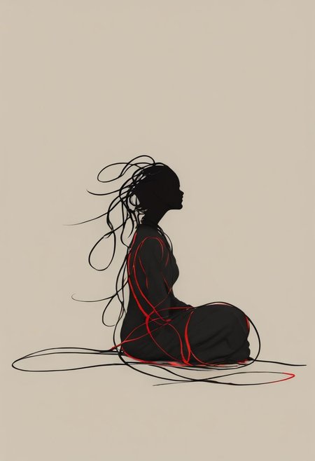 An Abstract surreal n Abstract surreal colorful simple painted black Ninja sitting at a cliff with extreme Long Hair throughout the frame, katana, red Blood Splash,  made of lines, vertical lines, horizontal lines, Portrait Made of intertwining snakes, weaving over and under each other throughout the frame, emphasis effect, moire effect, awash in colorful shades, seamlessly extends the lines,