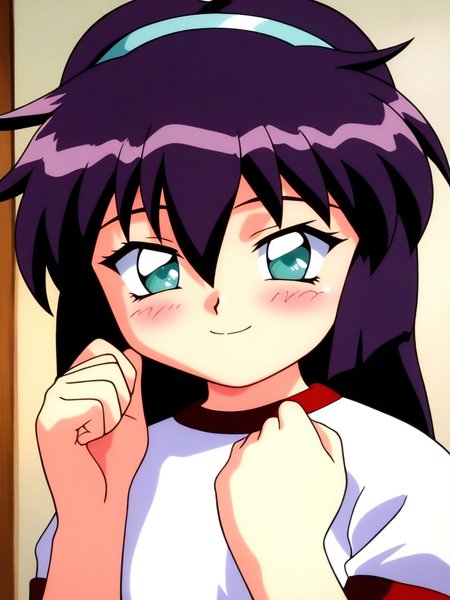 general,highres, ultra-detailed,very aesthetic,best quality ,best hands, BREAK  <lora:Amano_Misao_Pretty_Sammy_IS:1>
Amano_Misao, 1girl, solo, purple hair, long hair, bangs,  light blue hairband, green eyes,  hair between eyes, 
smile, blush, looking at viewer, shirt, white shirt, closed mouth, retro artstyle, gym shirt, upper body, ponytail, blue eyes, hand up, portrait