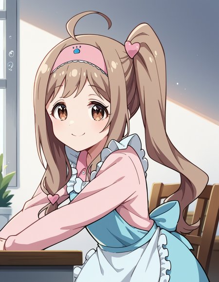 score_9, score_8_up, score_7_up, source_anime,
kinuehayase, <lora:kinue-hayase-s2-ponyxl-lora-nochekaiser:1>
kinue hayase, long hair, brown hair, brown eyes, side ponytail, hairband, sidelocks, ahoge,
dress, apron, blue apron, frills, frilled apron, long sleeves, heart, hair ornament,
indoors, smile, bent over,
looking at viewer, cowboy shot, dutch angle, solo,