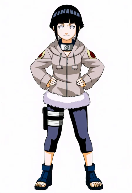 masterpiece, best quality, very aesthetic, absurdres BREAK
1girl, hyuuga hinata, short hair, black hair, no pupils, blunt bangs, shiny hair, white eyes, hoodie, hood down, long sleeves, capri pants, fur trim, thigh holster, toeless shoes,
hands on hips, smile, standing, full body, looking at viewer, solo, simple background, white background    <lora:HinataGeninIllustriousXL_byKonan:1>