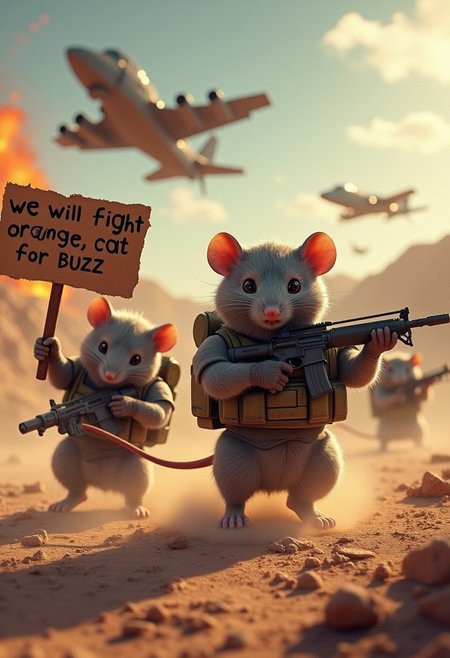 a squad of mice in battle armor, wearing tactical helmets, fighting in a battle on a rocky dessert, armed with assault weapons. Fighter aircraft fly in the sky, one of them holding a cardboard sign that reads "we will fight orange cat for BUZZ"  armored vehicles on caterpillar tracks follow in the distance. Explosions, dark pallette with shafts of light. Hyperdetailed dynamic photorealistic image, high quality