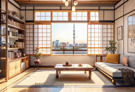 ((front view)), ((Japanese animation style)), modern-style interior, with white walls, (large windows), Nordic-style furniture, a  study, Sofa, coffee table, bookcase, single wall, 
warm light morning sun, (the view of the city)
