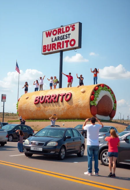 <lora:Roadside_Attraction_Assembler_FLUX_r1-000007:0.8>   
Photo depicting a surreal scene at a "world's largest burrito" roadside attraction, along with people taking photos of it and cars parked near it.