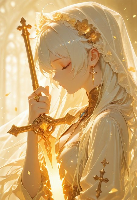 masterpiece, best quality, <lora:style01:1>, kiana kaslana, white hair, blue eyes, upd25, earrings, profile, closed eyes, from side,long hair, holding, ring, yellow theme, veil,  weapon, flaming sword, upper body, closed mouth, eyelashes, glint, flower, holding weapon, light particles, holding sword, gem, hands up, petals, cross, 1girl