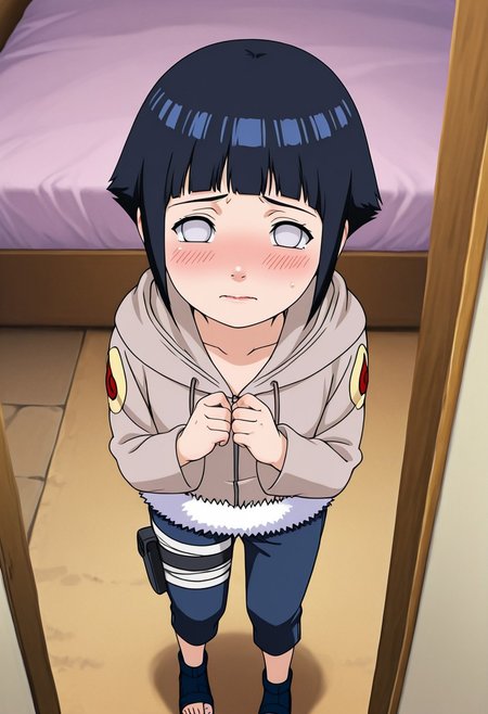 score_9, score_8_up. score_7_up, masterpiece, 
facing viewer, looking up at viewer, high angle, 
detailed nose, detailed lips, perfect face, young face,perfecteyes,1 girl, (youthful looking:2.3), flat chest,solo, hyuuga hinata, 1girl, black hair, short hair, white eyes, no pupils,hoodie, hood down, long sleeves, capri pants, fur trim, thigh holster, toeless footwear, bandages, konohagakure symbol
innocent, embarrassed, blush, nervous,
standing,in bedroom