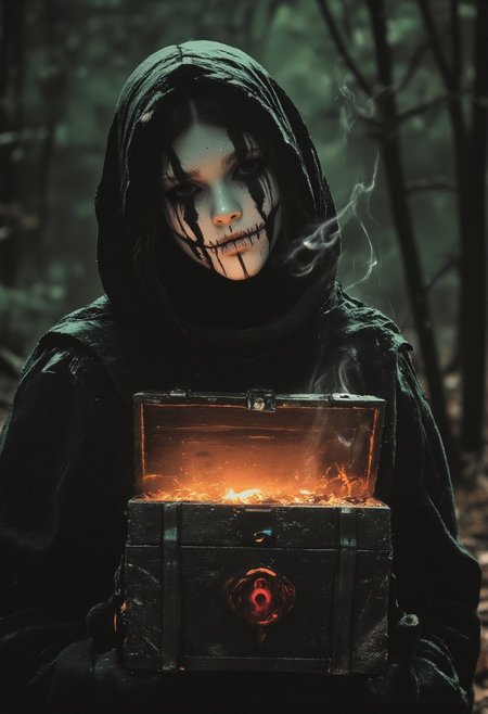 The image is a monochrome vintage photography with a dark, mystical, and eerie atmosphere. A Emo girl dressed in a dark, hooded cloak, the hood casting shadows over their face, making it indistinguishable. The face is covered with a white, featureless mask, adorned with dark, vertical lines that give it a sinister, almost skeletal appearance. The person's eyes are covered with black, elongated, and exaggerated eye sockets, creating an unsettling, otherworldly effect. They hold a large, ornate wooden chest in their hands. The chest is old and weathered, with intricate carvings and a prominent red emblem on the front. The chest is open, revealing a glowing, fiery interior that casts a warm, ethereal light, contrasting sharply with the cool, dark background. The background is a dimly lit, forested area with dense, dark foliage, adding to the ominous and mysterious mood. Smoke or mist rises from the chest, curling upwards and blending with the dark, foggy atmosphere. The overall color palette is dominated by dark greens, grays, and the eerie glow from the chest. The textures range from the rough, worn wood of the chest to the smooth, featureless mask, and the soft, draping fabric of the cloak.