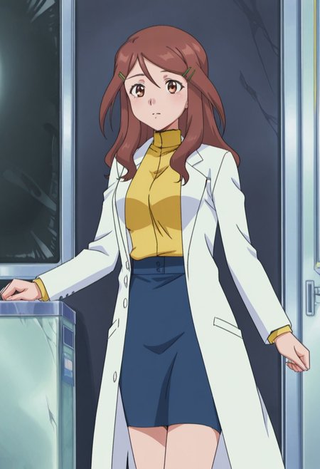 score_9, score_8_up, score_7_up source_anime, anime_coloring, anime_sceencap, highres, rating_safe,
PKMNAnnieProctor, 1girl, hairclip, hair ornament, brown hair, , long hair, brown eyes, labcoat, long sleeves, pencil skirt, turtleneck, blue skirt, yellow shirt,