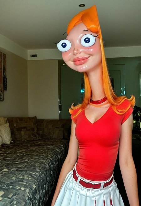 Proper anatomy, detailed, masterpiece, best quality, highly detailed, very aesthetic, score_9, score_8_up, score_7_up, score_6_up, Genuine leather, zPDXL3, raw, real life photo,1 woman, 18 years old, blonde, blonde hair, real beauty, beautiful eyes, narrow, bright eyes, very beautiful and expressive eyes, large lips, sweet smile, delicate blush, long thick eyelashes, athletic build, perfect breasts, porous skin, shiny skin, perfect body, perfect eyes, voluminous light. ((upper. body focus:0.9)), Clothes: tight longsleeve (yellow), polyester shorts (white),((Candace Flynn:1.3)) (Phineas and Ferb),light-skinned female,red lips,orange hair,medium length hair style,red t-shirt,(cleavage:1.3),tight t-shirt,white mini skirt,pleated mini skirt,white thighhighs,choker