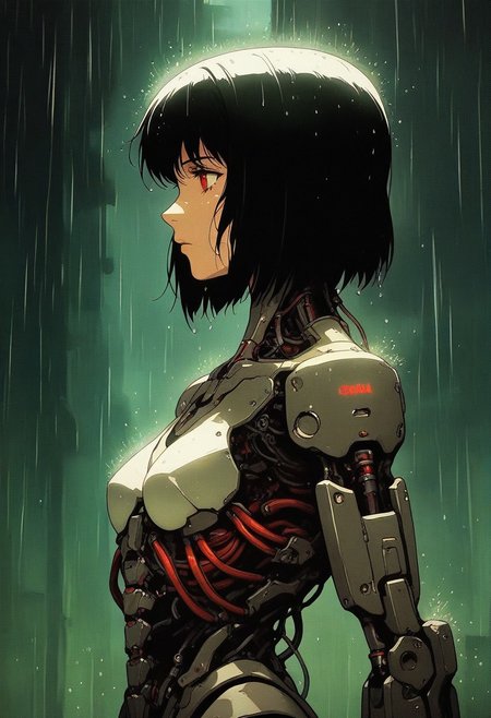 GLTST, Glitch, , 1girl, rain, solo, black hair, cyberpunk, short hair, science fiction, cyborg, android, from side, red eyes, robot joints, profile, mechanical parts, upper body, joints