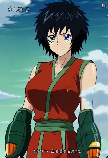 short black hair, blue eye, Scar on right cheek, red sleeveless outfit with green trim,, ,,,,,anime coloring, anime screencap , 1girl,Solo ,, anime,,PUFFY nipple,huge breasts,,, official art,,Uncensored ,Unedited ,,,, ,, ,, , ,,, ,, , ,,,