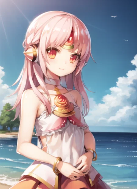 <lora:eve1-000009:1>, apple1, upper body, smile, outdoors, simple background, sky, day,