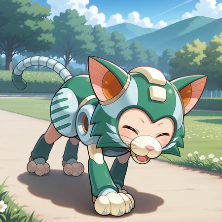 1boy, 2d, solo, Tango, male, robot, feline, cat, non-humanoid robot, feral, green helmet, cat-like ears, animal ears, orange eyes, cat muzzle, pink nose, green and gray body, two whiskers, mechanical tail, light yellow paws,

BREAK walking, outside, park, flowers, sunny day, looking at viewer, happy, blush lines, eyes closed, open mouth smile

BREAK best quality, amazing quality, very aesthetic, absurdres, newest, masterpiece, high quality