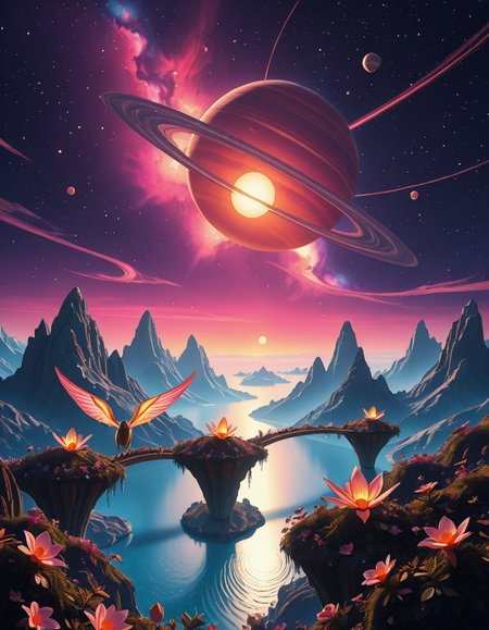 A breathtaking, high-resolution photograph of a celestial paradiseâa stunning, habitable planet floating in the vastness of space. The sky is a mesmerizing blend of deep purples, blues, and pinks, illuminated by twin suns casting golden light over the landscape. Towering crystal mountains shimmer in the distance, reflecting the vibrant hues of the nebula-filled sky. A vast, glowing ocean stretches across the horizon, its surface gently rippling with bioluminescent waves. Floating islands covered in lush, alien vegetation hover above the water, connected by natural bridges of luminescent vines. Exotic, radiant flowers bloom in every color imaginable, while gentle, ethereal creatures with translucent wings glide through the air. In the sky, a massive ringed gas giant looms majestically, its swirling clouds casting soft shadows over the dreamlike terrain. The air shimmers with floating particles of light, creating a surreal, otherworldly ambiance. The entire scene feels like a cosmic utopiaâtranquil, awe-inspiring, and untouched by time.
<lora:SDXLFaeTastic2400:0.4> <lora:extremely_detailed:0.4> extremely detailed,Celestial p4r4d1s3, <lora:Celestial_p4r4d1s3-i:1>, Masterpiece,best quality,hi res,8k,hi res,8k,award winning,(sharp focus, intricate, highly detailed),
