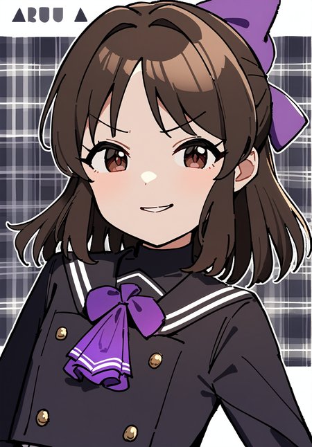 1girl, 
tachibana arisu, idolmaster, 
solo, light smile, ascot, serafuku, brown hair, doyagao, looking at viewer, white background, long sleeves, smug, cropped shoulders, plaid, v-shaped eyebrows, turtleneck, bow, purple bow, official alternate costume, brown eyes, buttons, sakurai momoka \(sengothridge\), school uniform, hair bow, plaid background, parted lips, striped, purple ascot, striped ascot, black serafuku, striped bow, short hair with long locks, character name, hair intakes, 
masterpiece, newest, absurdres, safe
 <lora:2080ti_ag31_tachibana_arisu-000007:1>