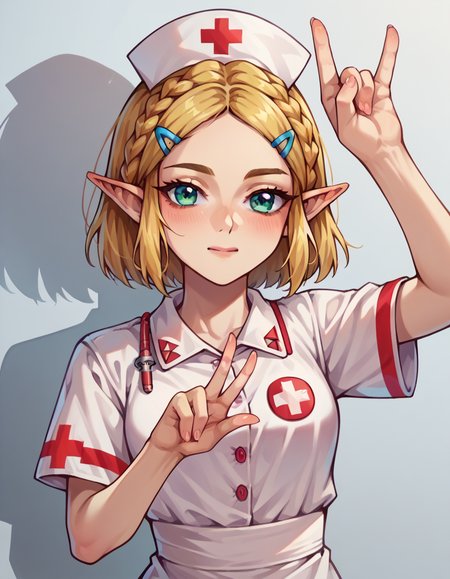 score_9,score_8_up,score_7_up,
 <lora:hud_m3tal_h4nds_XLP:0.8> hud_m3tal_h4nds, 1girl, arm up, \m/, upper body, shadow puppet,
princess zelda, <lora:maplezelda.pony:1> maplezelda, nurse, nurse cap, white thighhighs,
