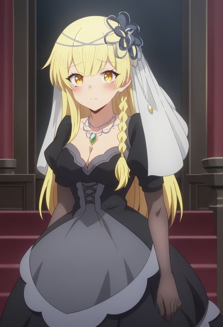 <lora:Balirossa:0.9> balirossa, blonde hair, long hair, 1girl, side braid, solo, yellow eyes, medium breasts, blush,      cleavage, dress,  jewelry,necklace, puffy sleeves, black dress, hair ornament, juliet sleeves , gem, short sleeves,puffy short sleeves,  hair flower, elbow gloves, veil, looking at viewer, score_9, score_8_up, score_7_up, , anime coloring ,BREAK source_anime, anime