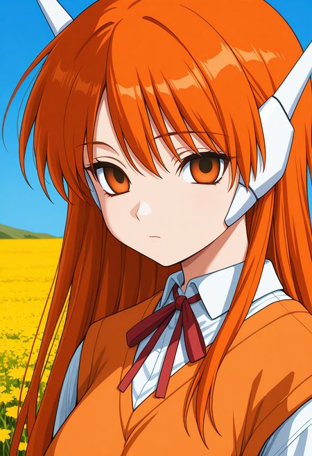 mx-13_serio, orange eyes, empty eyes, orange hair, long hair, robot ears, school uniform, orange sweater vest, neck ribbon, white shirt, long sleeves, <lora:HMX-13_Serio_illustrious_ver1:0.8> 
expressionless, closed mouth, 1girl, solo, (field:1.2), (blue sky:1.2), looking at viewer,, masterpiece, best quality, general,, (upper body:1.2), (close-up:1.2), (facing viewer:1.2), (open eyes:1.4), (portrait:1.2)