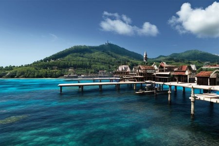 (masterpiece:1.2), (best quality,:1.2), 8k, HDR, ultra detailed, ((photorealistic)), perfect anatomy, pire, ship, pier, over looking a harbor in the caribbean, noon