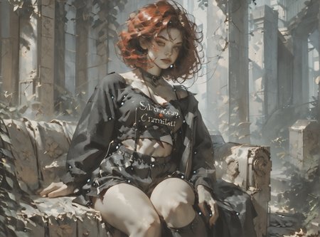 score_9, score_8_up, score_7_up, Environmental scene, character off to side, sitting in repose enjoying the view, 1girl, pale skin, medium breasts, <lora:sm0k3XLP:1>, <lora:goth_clothes:1>, goth casual clothes, jewelry, black stockings, black shorts, crimson red hair, black highlights, <lora:aleriia:1>, <lora:Dark_Retro_Scifi_Aesthetic:1>,