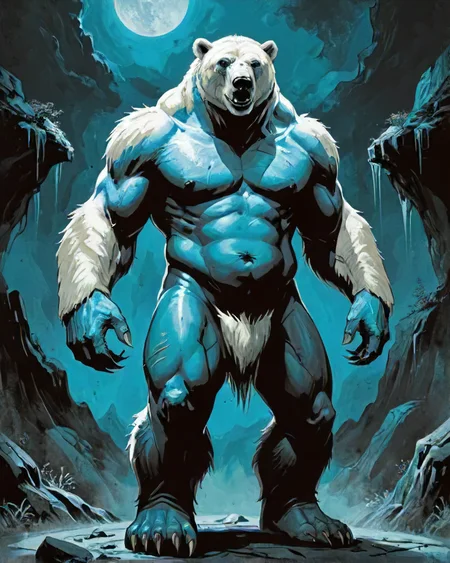 full-body fantasy digital art of buxom Female Frost giant, standing taller than a polar bear, <lora:EnvyDynamicPoseXL01:0.7>,  detailed face, deep aesthetic, ambient, polished, sublime, cowboy-shot, dynamic dramatic composition, cinematic light, great light, darkest dungeon style, blue-skin, very-tall-female,  orbitgood-SDXL OverallDetail-SDXL,
