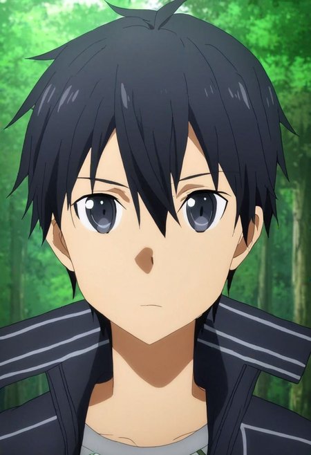 high resolution, solo, best quality, 1Boy, Kazuto Kirigaya, Black Hair, Black Eyes, forest, camping, OverallDetail