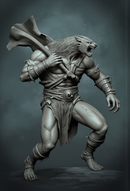 aidmaMJ6.1, Made out of paper, a PaperStyle , d4artstyle, d4concept, , d00mstyle, made of clay, ZBClay model of a gray sculpture
A fierce, humanoid beast with a muscular build and thick, shaggy fur covering its body. The creature has the head of a snarling animal, with sharp fangs and intense eyes that radiate aggression. It wears pieces of armor, including shoulder plates and a chest guard, adding a warrior-like appearance to its otherwise feral look. In one hand, it grips a large, curved weapon resembling a battle axe, its claws wrapping around the handle with a firm grip. The limbs are powerful and end in sharp talons, capable of both slashing and gripping. A tattered cloak billows behind it, adding a dynamic sense of movement to its pose. The overall design suggests a blend of primal savagery and martial skill, with elements of both beast and warrior.
Background solid color with a faded dimly lit, fog-covered darkness tone that emphasizes its silhouette. 
 The medium is not a traditional painting or illustrative medium like watercolor or ink but rather a digital rendering, eerie and unsettling.