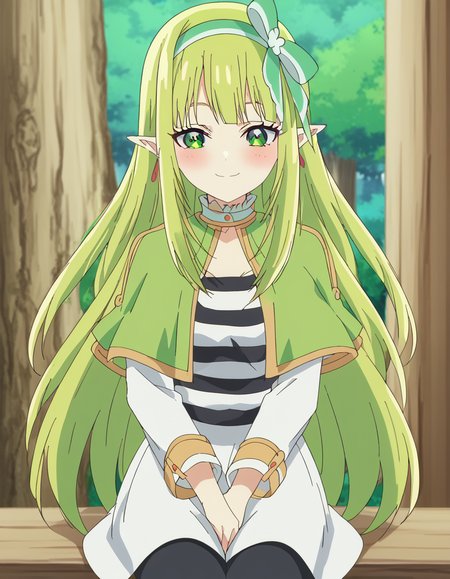 score_9, score_8_up, score_7_up, source_anime, <lora:orphia-s2-ponyxl-lora-nochekaiser:1>, orphia, long hair, bangs, very long hair, green eyes, hairband, green hair, pointy ears, elf, green hairband, mature female, small breasts, anime screencap,, <lora:frieren-cosplay-ponyxl-lora-nochekaiser:1>, frieren cosplay, frieren (cosplay), shirt, long sleeves, jewelry, pantyhose, earrings, striped, black pantyhose, capelet, striped shirt, skirt, white skirt,, forest, sitting, smile, blush, cowboy shot, looking at viewer, , cowboy shot