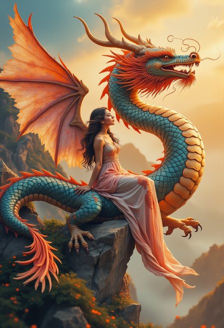 fantasy. a beautiful, angelic woman. a big Chinese dragon. woman sits on the back of the dragon. the dragon flies in the sky. very complex, in the style of Russ Mills and Milo Manara. (vivid masterpiece, (8k1.5), UHD, highly detailed, high quality, best artist, sharp edges, detailed textures, full view, mood lighting, stunning graphics)
perfection style, vivid colors, colorful, aidmaMJ6.1, snstsplndrCE style
