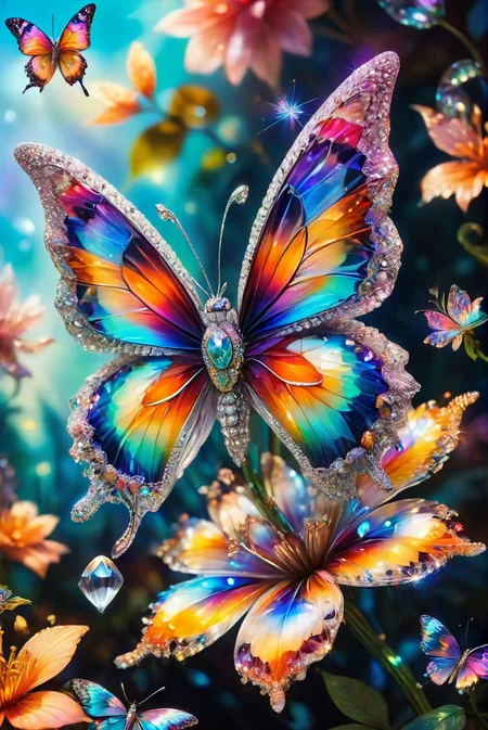 A close-up of a vibrant, colorful crystal flower with intricate, detailed petals. A delicate butterfly rests on the flower, its wings displaying a spectrum of iridescent colors. The background is softly blurred, creating a dreamy, surreal, and magical atmosphere that enhances the focus on the crystal flower and butterfly. The scene captures the essence of a fantastical, otherworldly garden, with the hyper-realistic details of the flower and butterfly bringing the image to life.
close-up, crystal flower, vibrant colors, detailed petals, intricate, butterfly, iridescent wings, soft blurred background, dreamy, surreal, magical, hyper-realistic, fantastical, otherworldly, garden, enchanting, detailed, colorful, captivating, whimsical, ethereal, vivid, nature-inspired, fairy tale-like.
<lora:add-detail-xl:1.0>,
<lora:EnvyBetterHiresFixXL01:1.0>,
<lora:extremely_detailed:1.0>, extremely detailed,
<lora:EldritchMixIllustration_1.1:0.25>,
<lora:SDXLFaeTastic2400:0.6>,
<lora:ral-swarcrystl-sdxl:0.85> ral-swarcrystl