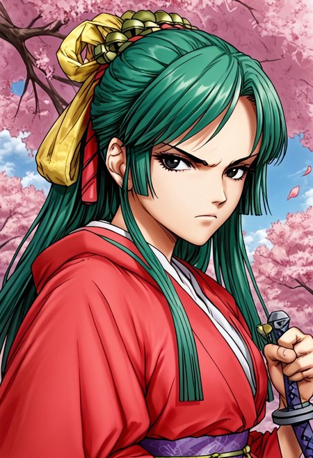 score_9,score_8_up,score_7_up,source_anime,5_figner,2d_animation,game cg,BREAK,1girl,solo,
BH,sBH,sidelocks,green hair,black eyes,ribbon,hair ornament,long hair,sword,katana,red kimono,japanese clothes,sash,obi,
medium breast,serious,upper body,front view,
edo period, Japan,cherry blossom,city,
masterpiece,best qualit,ultra-detailed,illustration,an extremely delicate and beautiful,beautiful detailed eyes,unity 8k wallpaper,high resolution,anime CG,official_art,