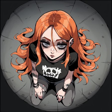 score_9, score_8_up, score_7_up, score_6_up, score_5_up,  <lora:f1sh3y3XLP:1> f1sh3y3, black border, from above, 1girl, ginger hair, grey eyes, large breasts, t-shirt, goth, grunge, long hair, kneeling