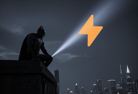 Batman crouched ontop of a tall building looking into the night sky in Gotham city. The dark sky is full of clouds and it's gloomy. There's a spotlight beam is projecting a SuchBuzzLogo onto a cloud. Batman is saying, "Buzz is needed." , masterpiece, digital art, highly detailed, overall detail, atmospheric lighting,  awesome background, highly detailed styling,  studio photo, intricate details, highly detailed, cinematic,