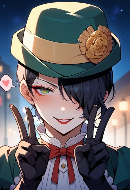 score_9, score_8_up, score_7_up, source_anime, <lora:zs_MayoneXL:1>, mayonesh, hat, green hat, black hair, medium hair, hair over one eye, makeup, lipstick, green dress, puffy sleeves, black gloves, smirk, blush, v, double v, cowboy shot, street, at night, starry sky, fog, spoken heart, speech bubble,  blurry background,