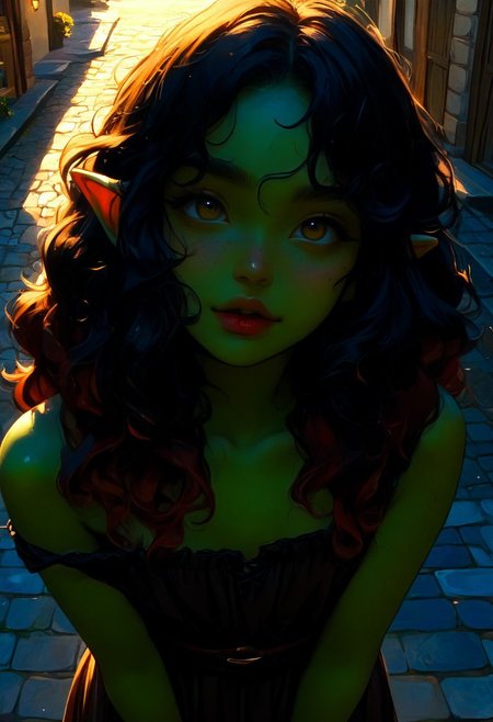score_9, score_8_up, score_7_up, 1girl, goblin, short, dark green skin,  solo female focus, large pointed ears. skinny, wild red hair, long hair, loose curly hair, green skin, freckles, Freckled ass, beautiful yellow eyes, small breasts, brown loin cloth, cloth chest wrap. Pouting lips. Blushing, cute smile, expression. Looking up at viewer. View from above.  Winking,  blowing kiss,  holding up both hands to blow a kiss. 
Medieval town street. Bright sunny day